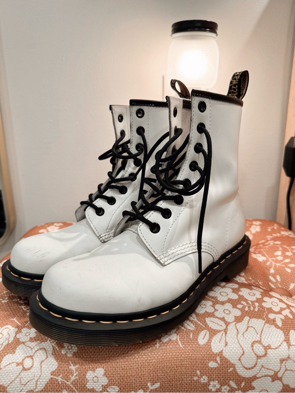 White Leather Lace-Up Combat Boots - Dr. Martens Style